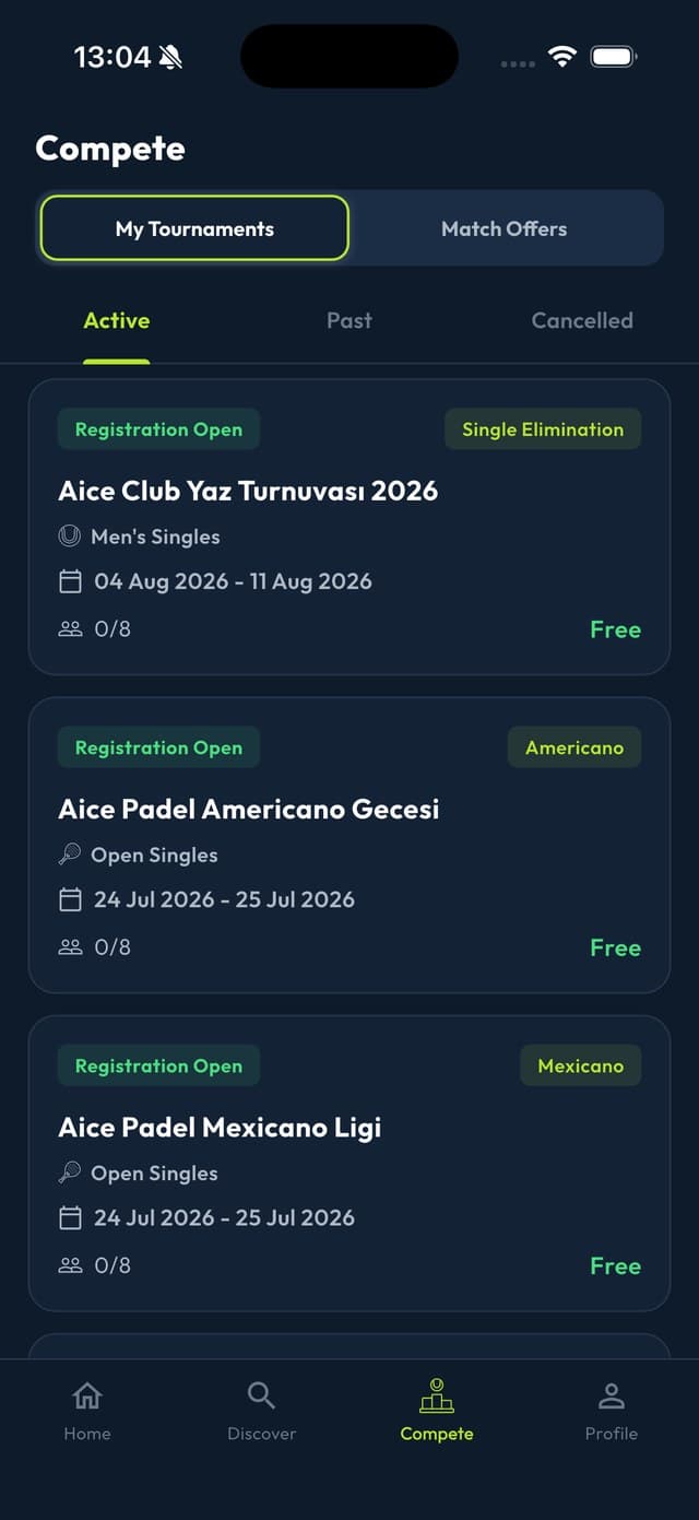 Pantalla de la app Aice Club: Apúntate a torneos, sube en la escalera
