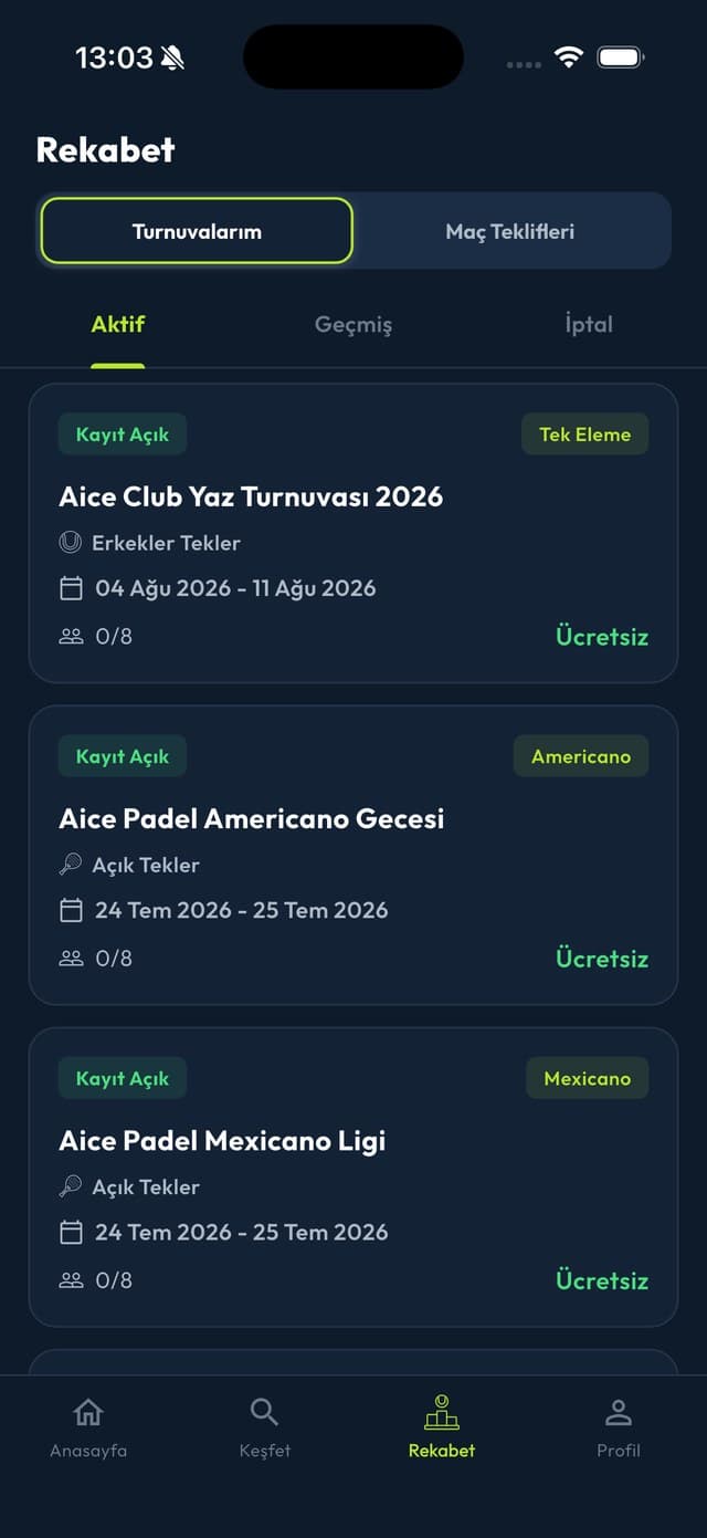 Aice Club uygulamasından ekran: Turnuvaya yazıl, merdivende tırman